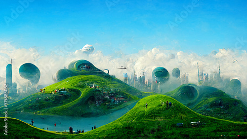 utopian landscape with a city in the distance photo