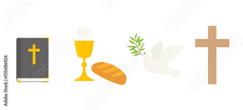 christianity, catholic church icon set; bible, holy communion, dove with olive brach and cross - vector illustration