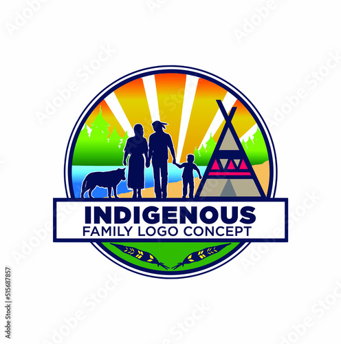 Native American Indigenous Family with Teepee and Dog 