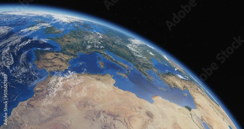 3D view of the Earth from space against the background of the starry sky. Cosmic planet globe. Looped animation.