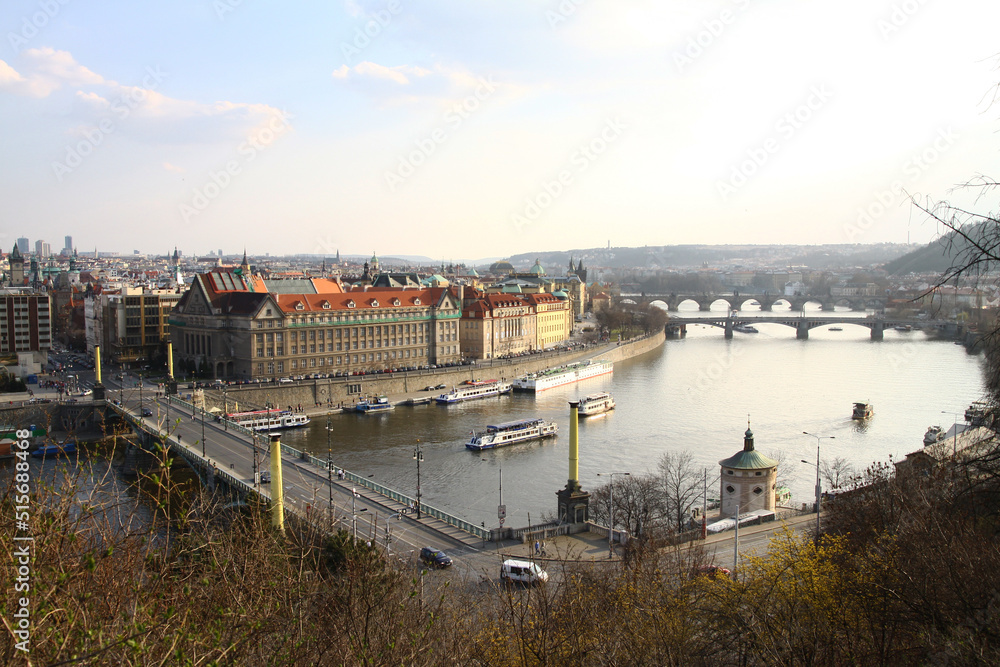 Prague Czech Republic high angle view from north of the city with bridges and Vltava river at sunset