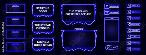 Set of modern design element for overlay game streaming screen panel. Blue very peri game frame for internet broadcast and online video. Futuristic live stream frame for interface. Vector template.