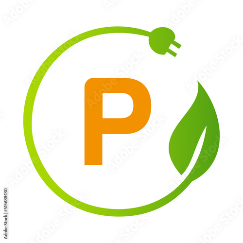 Letter P Green Energy Electrical Plug Logo Template. Electrical Plug Sign Concept with Eco Green Leaf Vector Sign