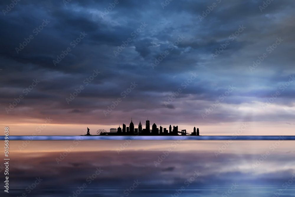  New York  city silhouette night town  on horizon dramatic blue lilac sunshine cloudy sky on sea before storm United State  nature America  landscape