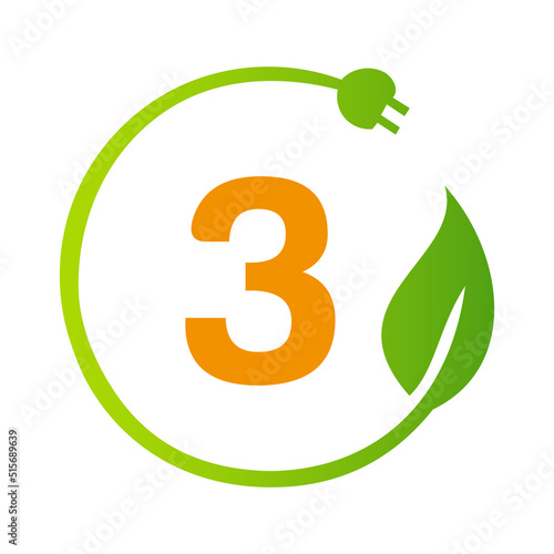 Letter 3 Green Energy Electrical Plug Logo Template. Electrical Plug Sign Concept with Eco Green Leaf Vector Sign