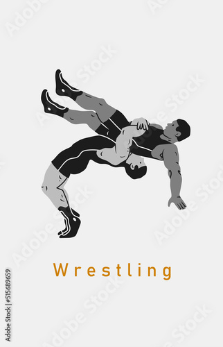 Greco-roman wrestlers. Two athletes Wrestle. Making a suplex. Freestyle, collegiate, amateur wrestling, MMA concept. Hand drawn modern Vector illustration. Logo, poster, design template