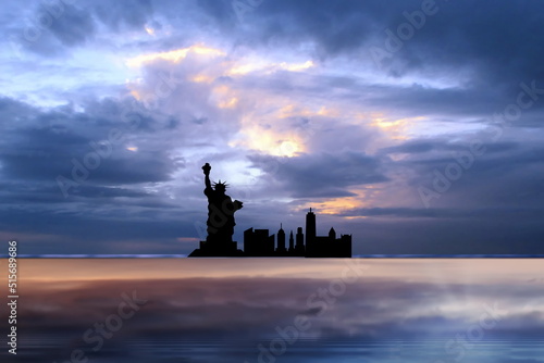  New York city silhouette night town on horizon dramatic blue lilac sunshine cloudy sky on sea before storm United State nature America landscape