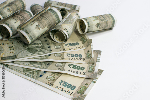 500 hundred rupees note rolled (Indian currency) banknotes isolated. photo