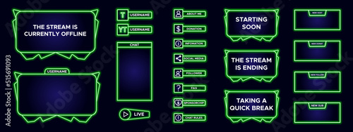 Set of modern design element for overlay game streaming screen panel. Green game frame for internet broadcast and online video. Futuristic live stream frame for interface. Vector technology template.