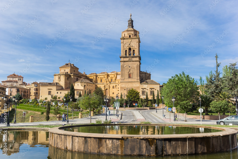 Historic cathedral and fountain in the center of Guadix, Spain