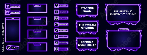 Set of modern design element for overlay game streaming screen panel. Purple game frame for internet broadcast and online video. Futuristic live stream frame for interface. Vector technology template.