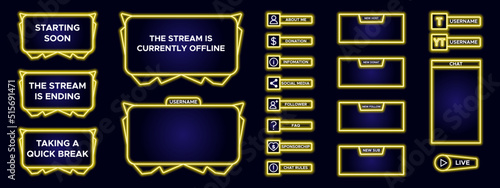 Set of modern design element for overlay game streaming screen panel. Yellow game frame for internet broadcast and online video. Futuristic live stream frame for interface. Vector technology template.