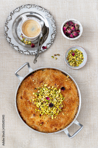 Traditional Arabian Kanafe with Cream and Cheese with pistachio nuts