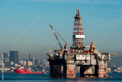 Silhouette of Oil Platform in Guanabara Bay in Rio de Janeiro, Brazil photo