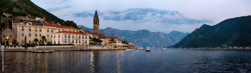 Historic city of Perast in the Bay of Kotor in summer, Montenegro. Evening panoramic view. The Bay of Kotor is the beautiful place on the Adriatic Sea. Perast, Kotor bay, Montenegro.