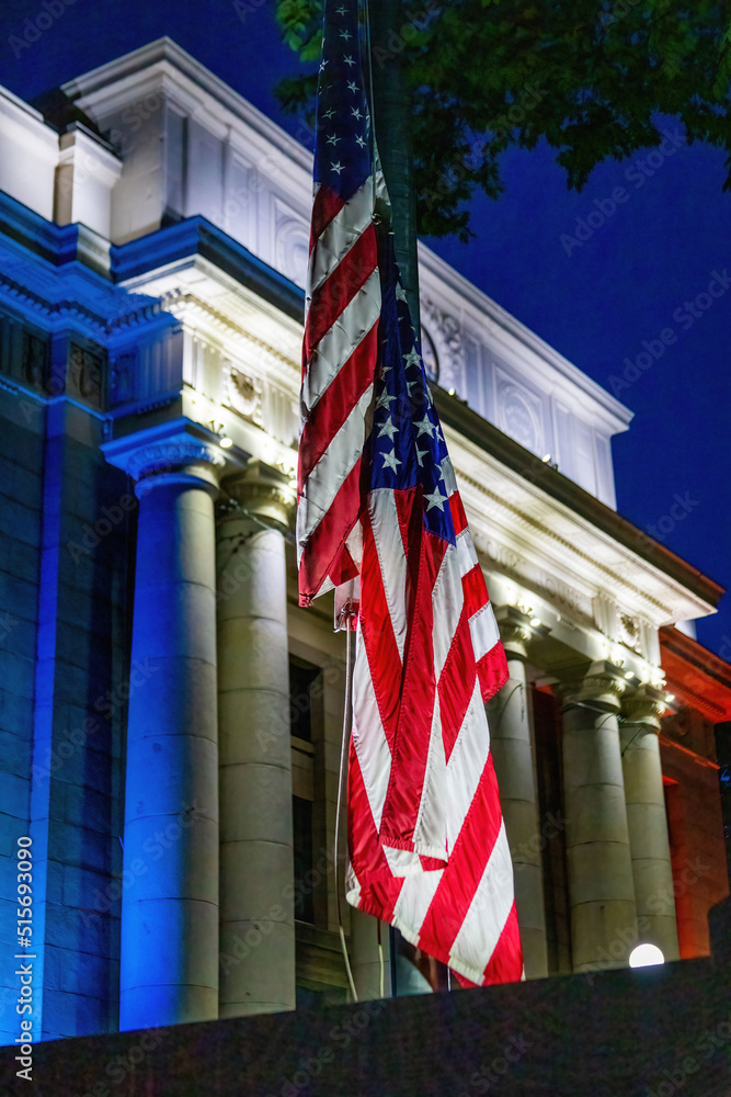 nightime flag lit at Yavapai courthouse at Prescott, Arizona
