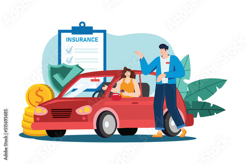 Beautiful young woman in a red car is talking to a car insurance salesman