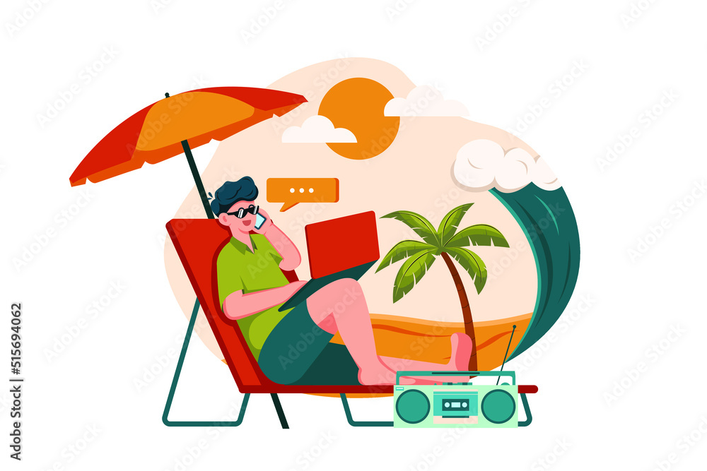 Fototapeta premium Freelancer Working On The Beach flat illustration concept on white background