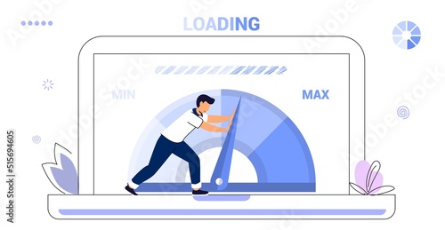 Website loading optimization Page speed and SEO Flat vector concept illustration Website speed Loading time Page optimization Speed test metering dial Slow loading of media content Signal quality