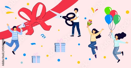 Loyalty program concept Ribbon cutting ceremony Boss with scissors People getting gifts and rewards Bonus points Reward productive efficient work Profit or digital referral program Vector illustration