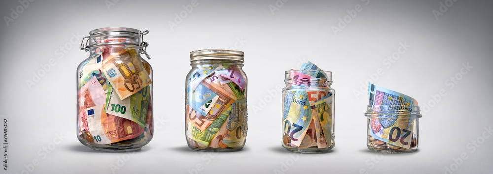 Four glass jars with savings, cash money (euro banknotes) on grey background - obrazy, fototapety, plakaty 