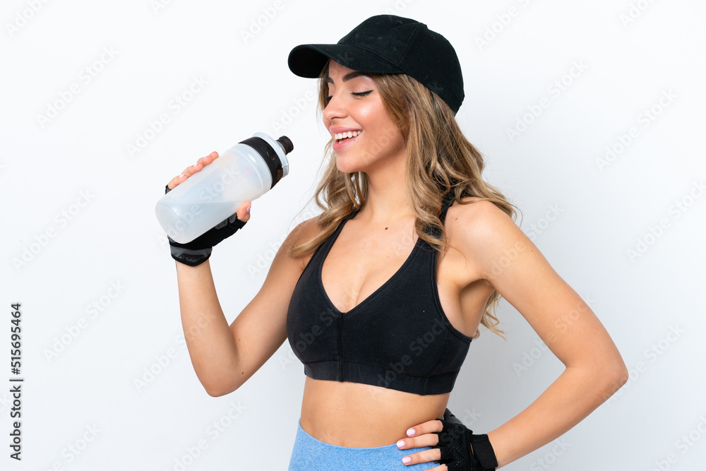 Young caucasian woman isolated on white background with sports water bottle Young caucasian woman isolated on white background with sports water bottle