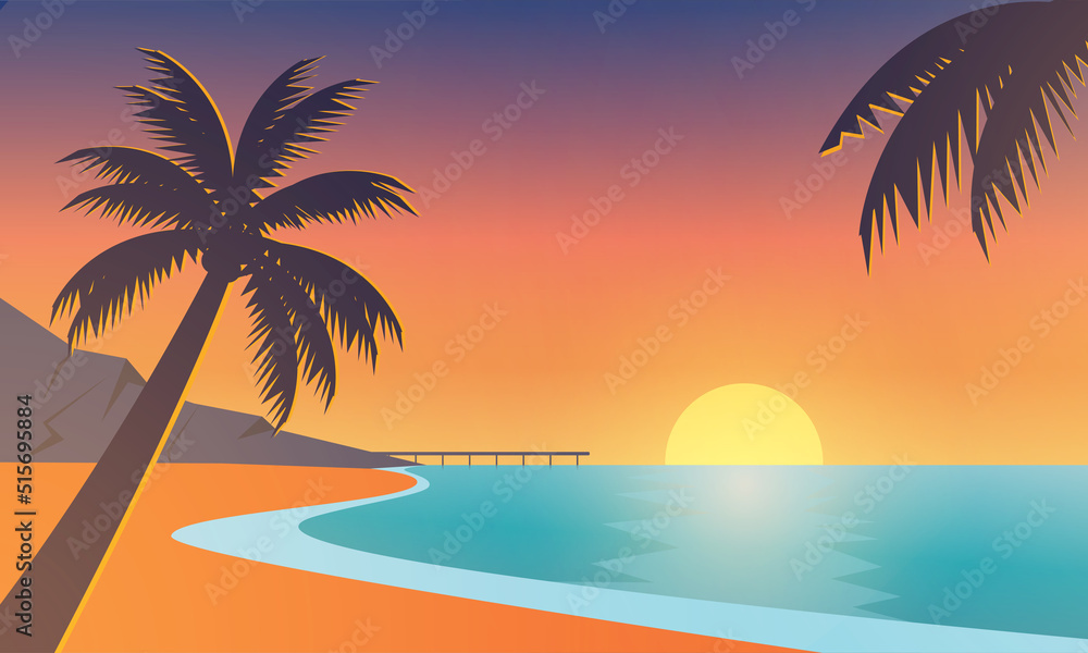 Sunset at beach illustration, nature summer background