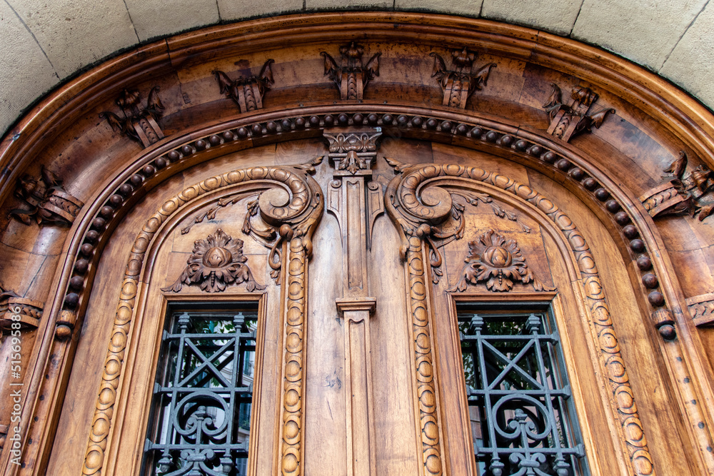 Ornate wooden door of an old building in Bilbao, Spain, Europe