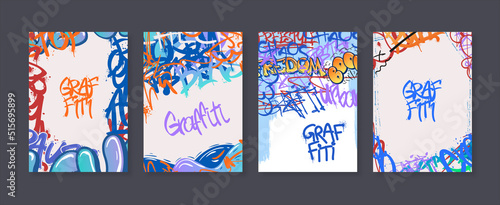 Street art poster. Urban graffiti banners, freestyle tags with spray paint splashes and abstract vector backgrounds set