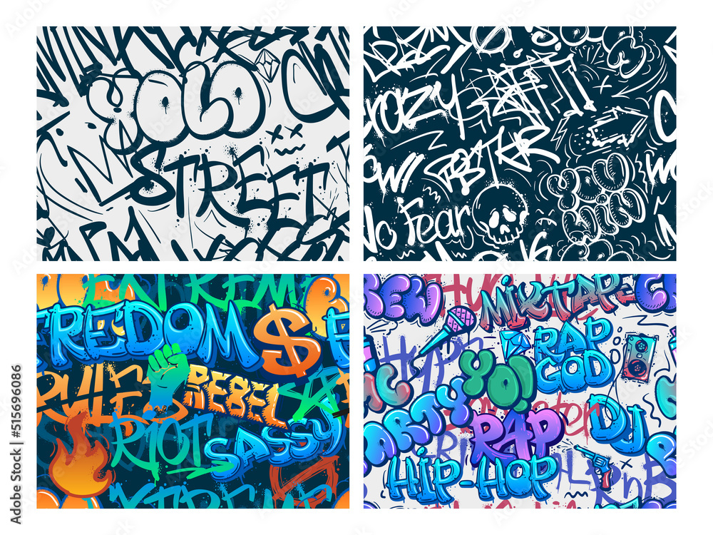 Graffiti pattern. Abstract riot street art, urban YOLO tags and underground hip-hop rap graffitis seamless vector background set