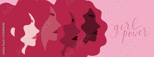 Girl power lettering. Group of women of diverse skin color illustration