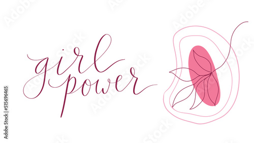 Girl power handwritten lettering with leaf and abstract shapes background