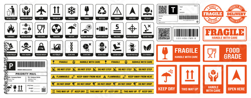 Packaging stickers. Parcel direction info, fragile warning sticker and print for adhesive tape with packaging symbols vector set photo