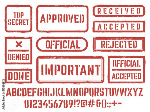 Rubber stamp font. Grunge alphabet letters, rejected and approved stamps in frames with texture vector set