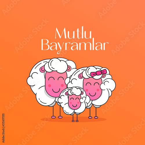 a family of sheep with a Turkish message saying 'happy feast' to celebrate the feast of sacrifice  of Muslims