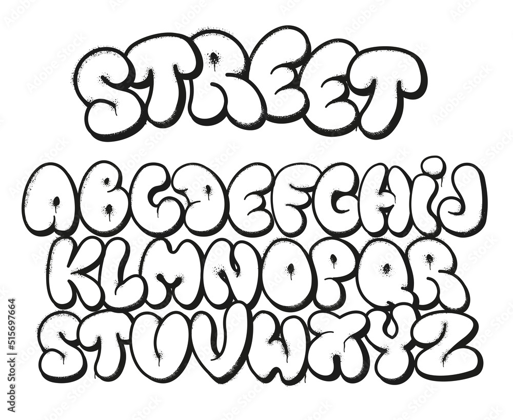 Vecteur Stock Bubble graffiti font. Inflated letters, street art alphabet  symbols with grunge sprayed texture and urban graffitis designer vector set  | Adobe Stock