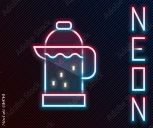 Glowing neon line French press icon isolated on black background. Colorful outline concept. Vector