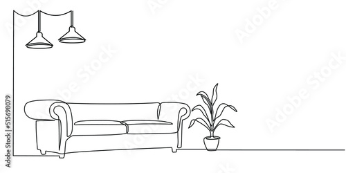 Continuous line drawing of furniture for living room interior with chair lamp and potted plants. Stylish furniture for the living room interior in doodle style. photo
