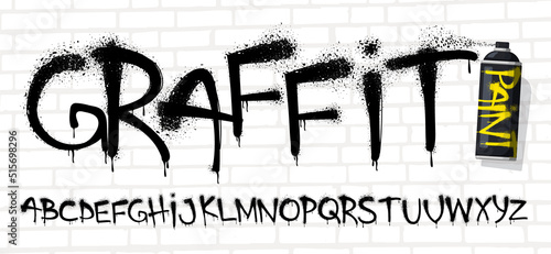 Spray graffiti font. Urban wall tagging lettering, street art text with sprayed paint texture effect and grunge capital letters vector set