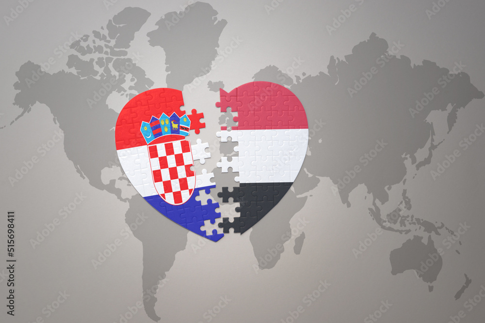 puzzle heart with the national flag of croatia and yemen on a world map background.Concept. puzzle heart with the national flag of croatia and yemen on a world map background.Concept.