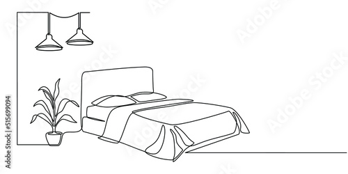 Continuous line drawing of double bed with chandelier and table. Modern loft furniture for the bedroom in a minimalist single-line style. vector illustration in doodle style