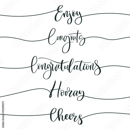Congratulatory continuous line lettering. Enjoy, congrats and cheers calligraphic inscription. Congratulations and hooray text vector set