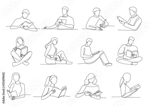 One line read books. Reading people, student with book engage in reading single continuous outline vector Illustration set