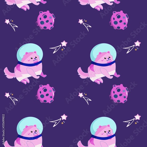 Seamless pattern Animals in space. Cute spitz astronaut planet and comet. Characters exploring universe galaxy. Cartoon vector illustration.