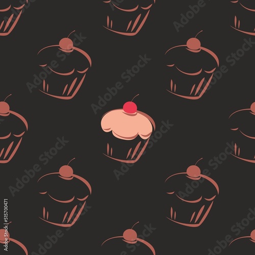 Seamless vector dark pattern or tile texture with chocolate cupcakes, muffins, sweet cake and pink heart and brown background. Sweets for valentines, wallpaper, desktop or culinary blog website.