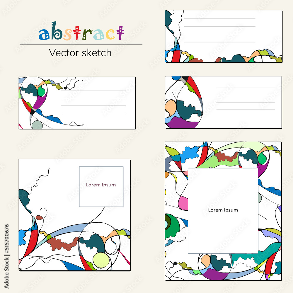 Templates with bright multicolored abstraction. Set of text frames and business cards for modern design, announcements, posters, advertising