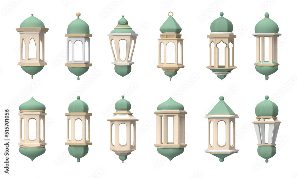 3d moslem lantern hanging element decoration eid set collection rendering front view