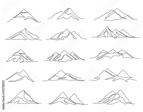 One line mountains. Linear mountain ranges and continuous outline peaks, travel landscape vector illustration set