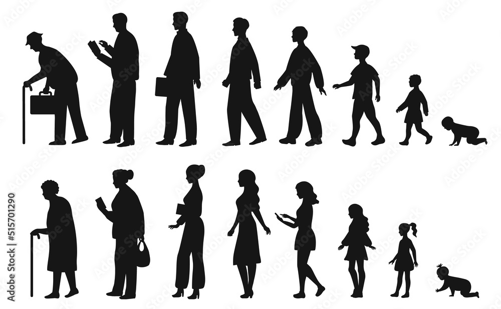 Vetor de Human in different ages. Silhouette profile of male and female person growth stages