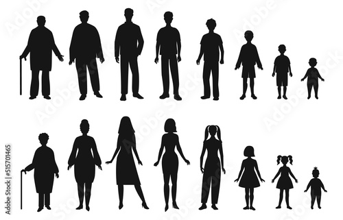 Human life cycle. Full silhouette of man and woman, young, adult and elderly vector illustration set